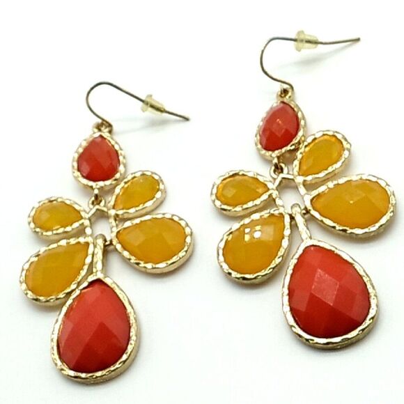 Gold-Tone Chandelier Dangle Earrings Yellow and Orange Faceted Resin Gems 2" - Picture 1 of 4